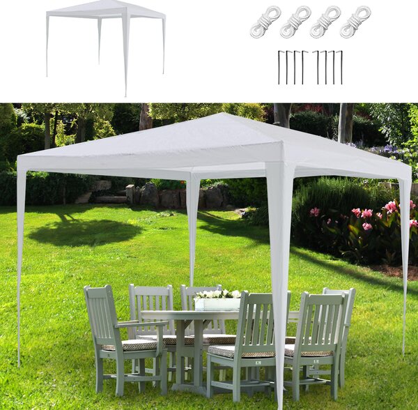 Tenda da festa a gazebo, 3x3 metri, bianca, in acciaio, con telo in PE da 90 g/m², dotata di 4 corde e 8 picchetti. Offre protezione dai raggi UV. Ideale come tenda da giardino o gazebo