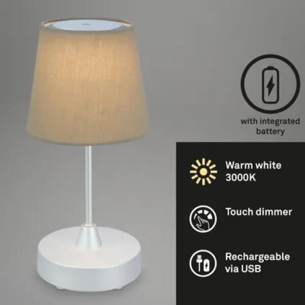 Lampada da tavolo a batteria a LED Briloner Loni 7447-011 – Lampada da tavolo senza fili in tessuto con decorazione a stelle, dimmerabile, color taupe/argento, 3 W, IP44