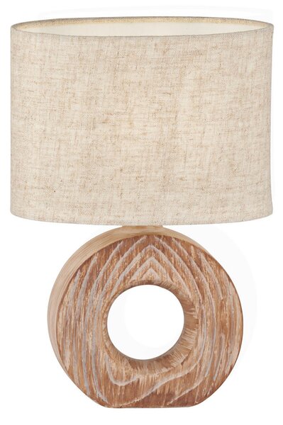 Lampada da tavolo con base in Vetroceramica effetto legno e paralume in lino beige ovale, H: 31cm