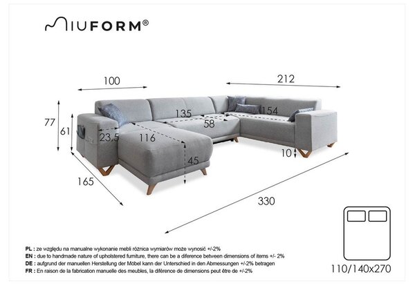 Divano angolare color antracite allungabile e con contenitore (penisola a destra/a U) Classy Sophie – Miuform
