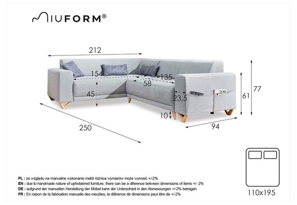 Divano angolare grigio allungabile e con contenitore (con penisola a sinistra/a L) Classy Sophie – Miuform