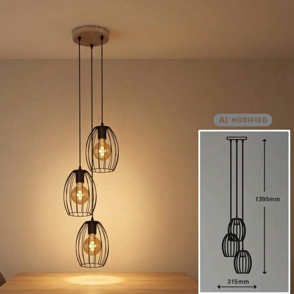 Lampada a sospensione Waktu, a 3 luci, nera/legno, 3 x E27 max. 60W, diametro 31,5 cm – Briloner