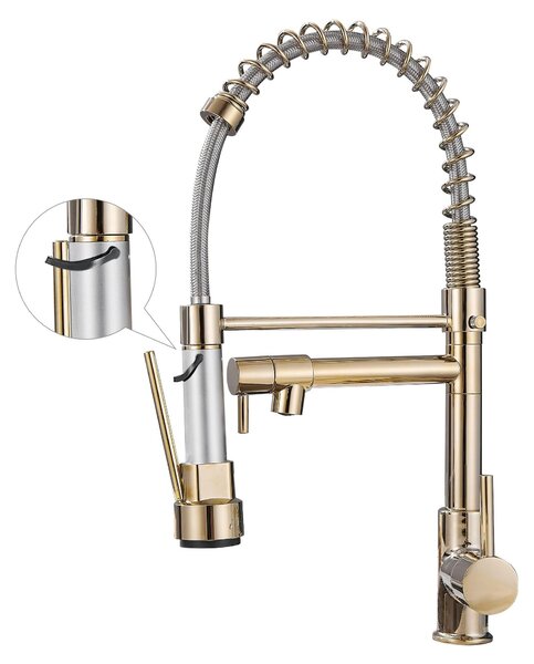 Rubinetto da cucina con doccetta estraibile e beccuccio alto, color oro