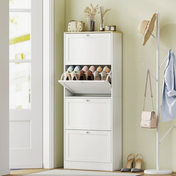 Scarpiera Salvaspazio 60x23,5x151 cm a 4 Cassetti con Ripiani Regolabili su 2 Livelliin MDF Bianco