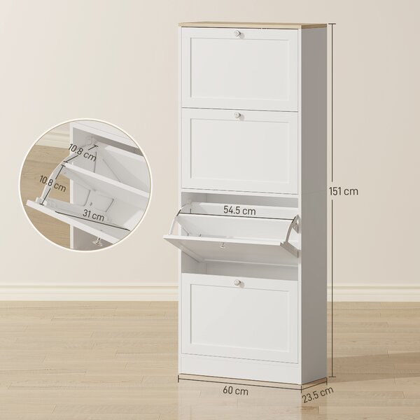 HOMCOM Scarpiera Salvaspazio a 4 Cassetti con Ripiani Regolabili su 2 Livelli, 60x23.5x151 cm, Bianco | Aosom Italy