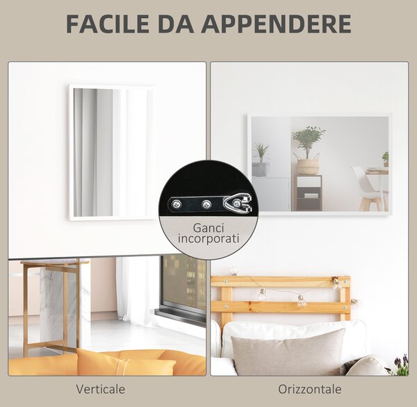 HOMCOM Specchio da Parete Rettangolare con Ganci, in Vetro e MDF, 50x70 cm, Bianco | Aosom Italy