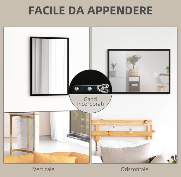HOMCOM Specchio da Parete Rettangolare con Ganci, in Vetro e MDF, 50x70 cm, Nero | Aosom Italy