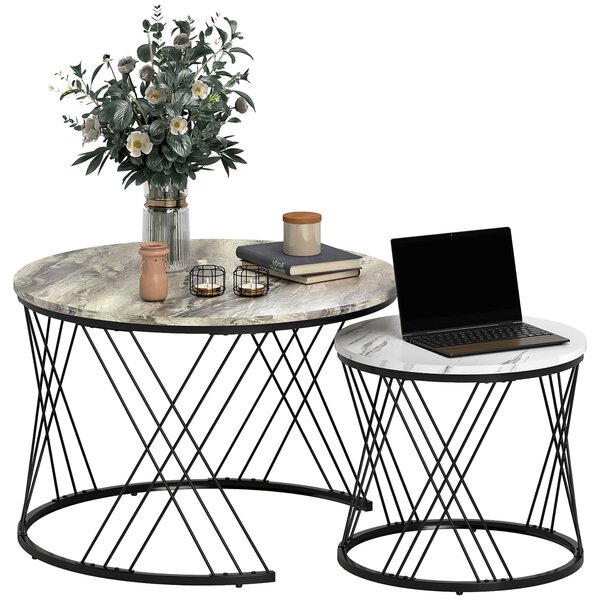HOMCOM Set di 2 tavolini nidificati rotondi Ø 70/44,5 cm con piano effetto marmo e piedi in metallo, grigio e bianco | Aosom Italy