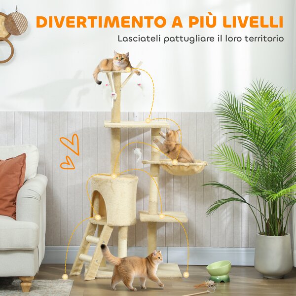 PawHut Torre per Gatti con Casetta, Trespolo, Piattaforme e 4 Topolini Appesi, 60x35x134 cm, Beige | Aosom Italy