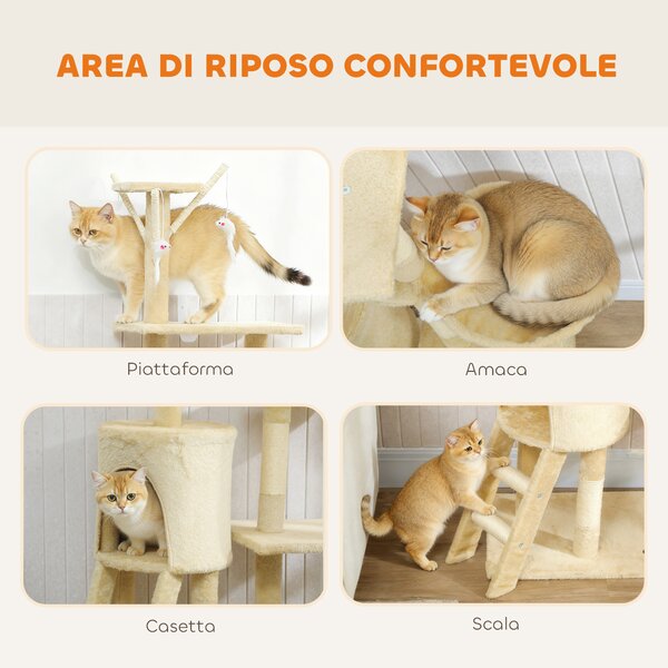 PawHut Torre per Gatti con Casetta, Trespolo, Piattaforme e 4 Topolini Appesi, 60x35x134 cm, Beige | Aosom Italy