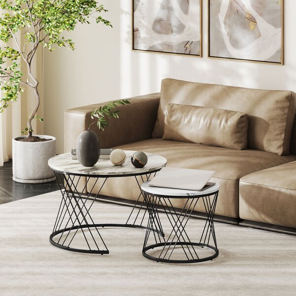 HOMCOM Set di 2 tavolini nidificati rotondi Ø 70/44,5 cm con piano effetto marmo e piedi in metallo, grigio e bianco | Aosom Italy
