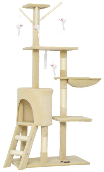 PawHut Torre per Gatti con Casetta, Trespolo, Piattaforme e 4 Topolini Appesi, 60x35x134 cm, Beige | Aosom Italy