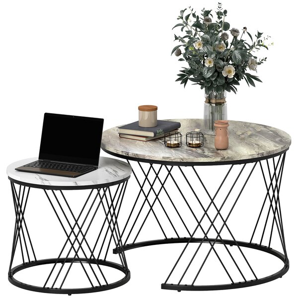 HOMCOM Set di 2 tavolini nidificati rotondi Ø 70/44,5 cm con piano effetto marmo e piedi in metallo, grigio e bianco | Aosom Italy