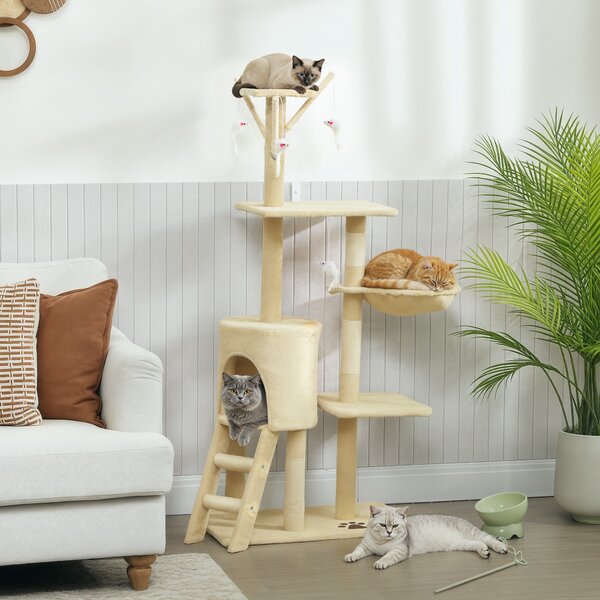 PawHut Torre per Gatti con Casetta, Trespolo, Piattaforme e 4 Topolini Appesi, 60x35x134 cm, Beige | Aosom Italy