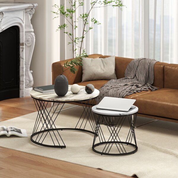 HOMCOM Set di 2 tavolini nidificati rotondi Ø 70/44,5 cm con piano effetto marmo e piedi in metallo, grigio e bianco | Aosom Italy