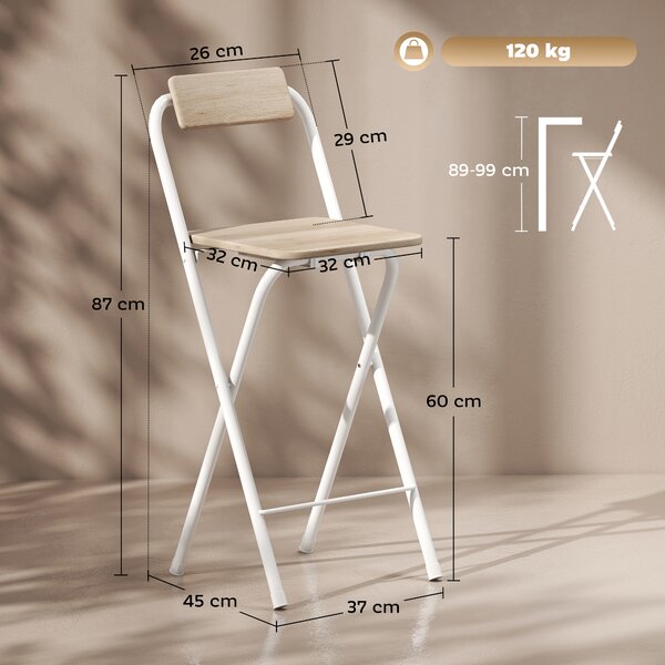 HOMCOM Set 2 Sgabelli da Bar Pieghevoli con Poggiapiedi, in Legno e Acciaio, 37x45x87 cm, Legno | Aosom Italy