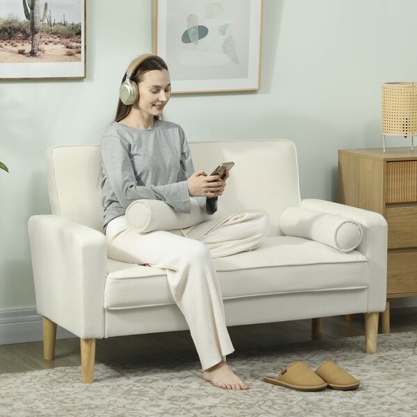HOMCOM Divano a 2 posti, Divano a due posti con gambe in legno di gomma, Divano imbottito per soggiorno, camera da letto, Bianco crema | Aosom Italy