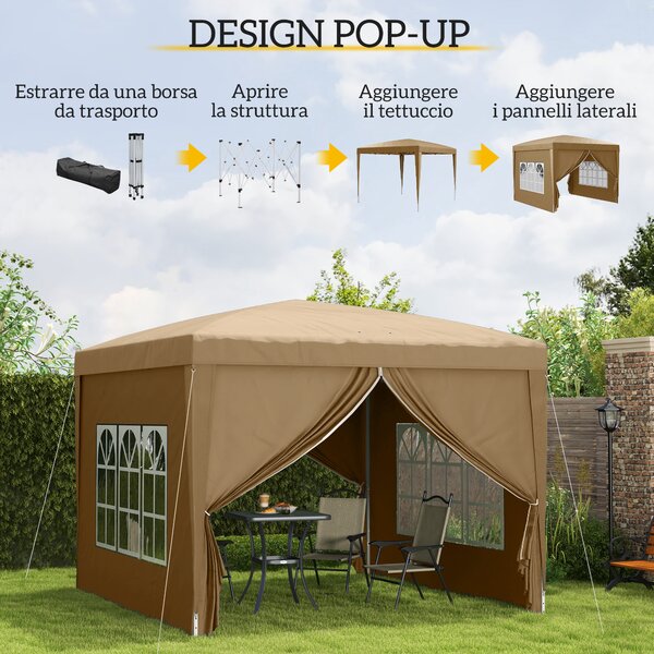 Outsunny Gazebo da Esterno 3x3 m Pieghevole con 4 Pannelli Laterali, in Acciaio e Tessuto Oxford Cachi | Aosom Italy
