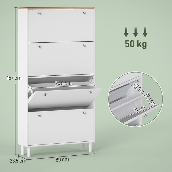 HOMCOM Scarpiera Slim con 4 Cassetti Ribaltabili e Ripiani Regolabili per 24-32 Scarpe, 80x23.5x157 cm, Bianco | Aosom Italy