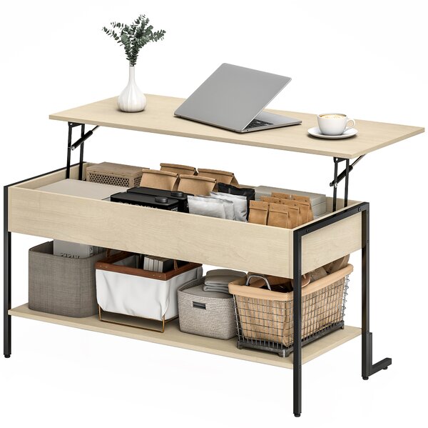HOMCOM Tavolino con piano sollevabile, tavolino da soggiorno con vano nascosto e scaffale aperto, 95x40x59cm, legno naturale | Aosom Italy