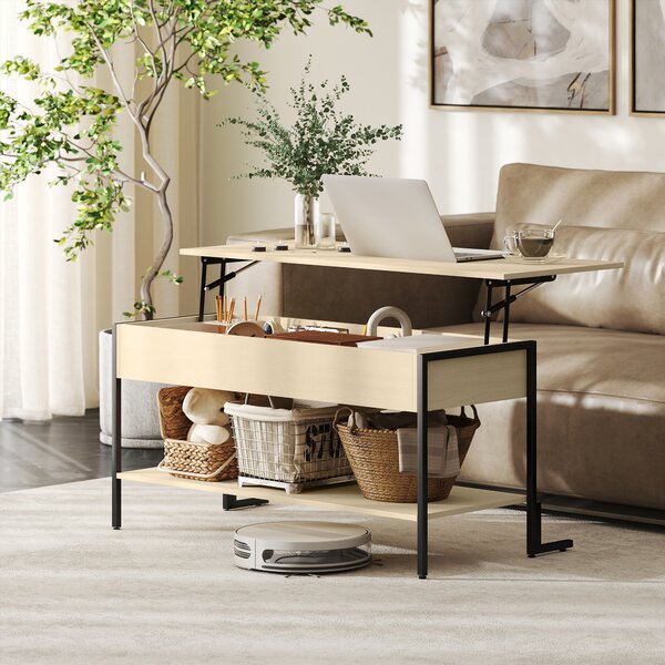 HOMCOM Tavolino con piano sollevabile, tavolino da soggiorno con vano nascosto e scaffale aperto, 95x40x59cm, legno naturale | Aosom Italy