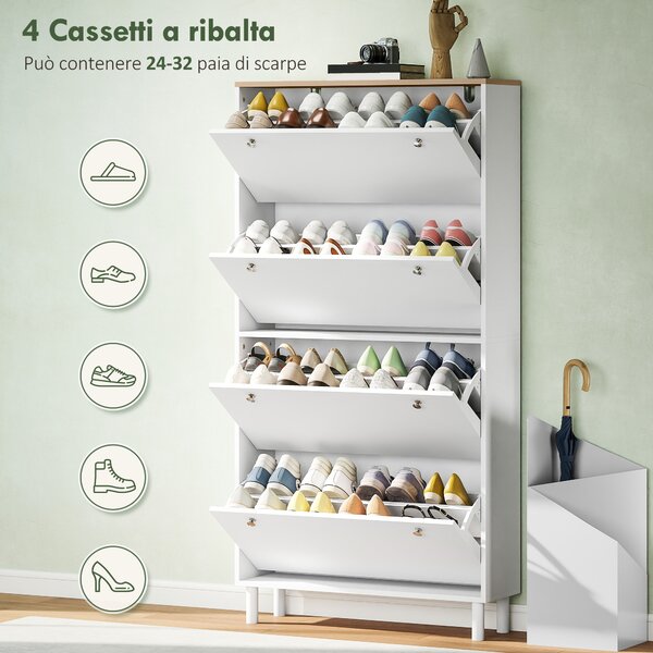 HOMCOM Scarpiera Slim con 4 Cassetti Ribaltabili e Ripiani Regolabili per 24-32 Scarpe, 80x23.5x157 cm, Bianco | Aosom Italy