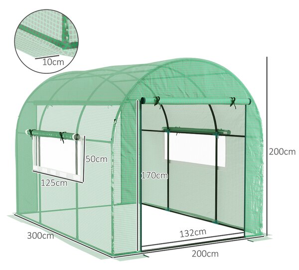 Outsunny Serra a Tunnel per Orto 3x2x2 m in Acciaio e PE Anti UV con Porte Avvolgibili e Finestre, Verde | Aosom Italy