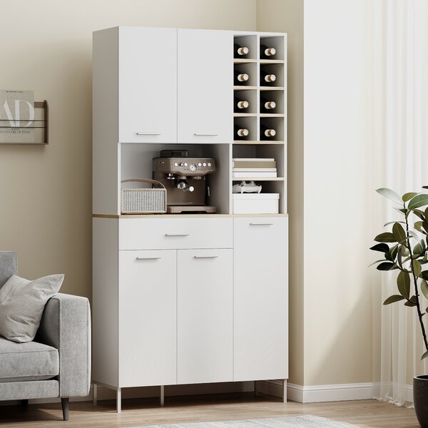 HOMCOM Armadio da cucina con ripiani aperti, scomparti, portabottiglie, armadio dispensa con 5 ante, MDF, Bianco | Aosom Italy