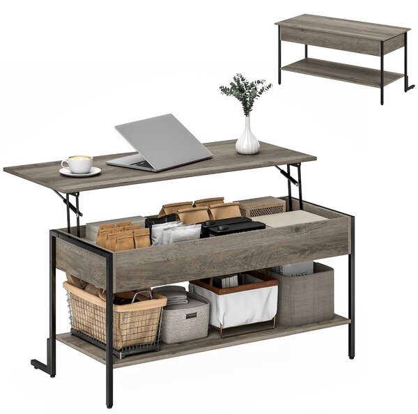 HOMCOM Tavolino con piano sollevabile, tavolino da salotto con vano nascosto e ripiano aperto, 95x40x59cm, grigio | Aosom Italy