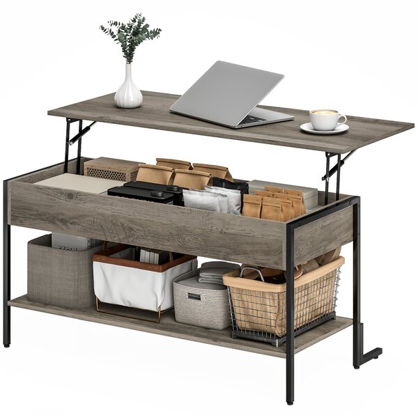 HOMCOM Tavolino con piano sollevabile, tavolino da salotto con vano nascosto e ripiano aperto, 95x40x59cm, grigio | Aosom Italy