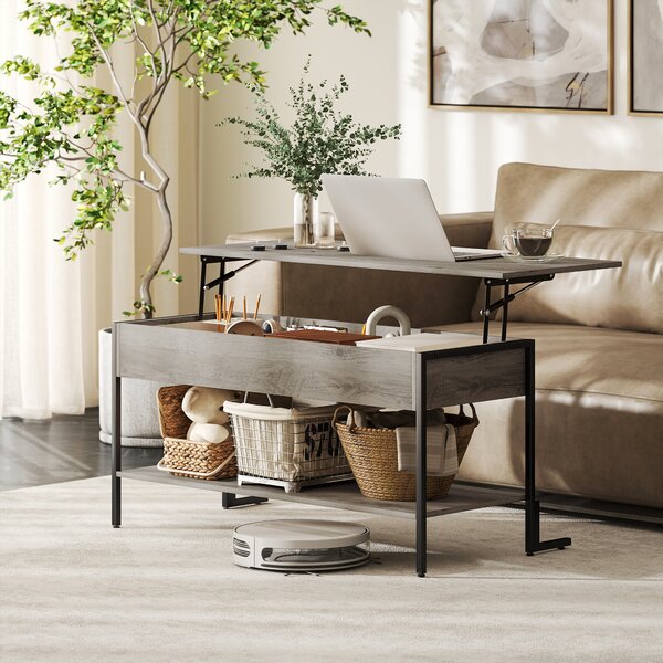 HOMCOM Tavolino con piano sollevabile, tavolino da salotto con vano nascosto e ripiano aperto, 95x40x59cm, grigio | Aosom Italy