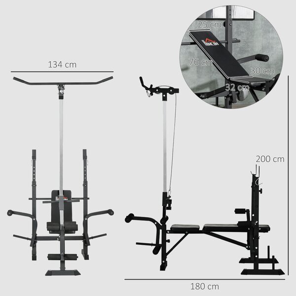 HOMCOM Panca Fitness con Leg Press, Squat Rack e Leg Extension, in Acciaio e PU, 180x134x200 cm, Nero e Argento | Aosom Italy