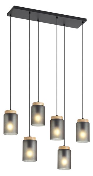 Lampada a sospensione moderna nera con legno e vetro grigio opaco a 6 luci - Umbra