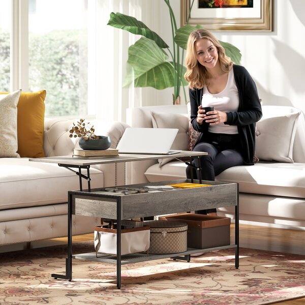 HOMCOM Tavolino con piano sollevabile, tavolino da salotto con vano nascosto e ripiano aperto, 95x40x59cm, grigio | Aosom Italy