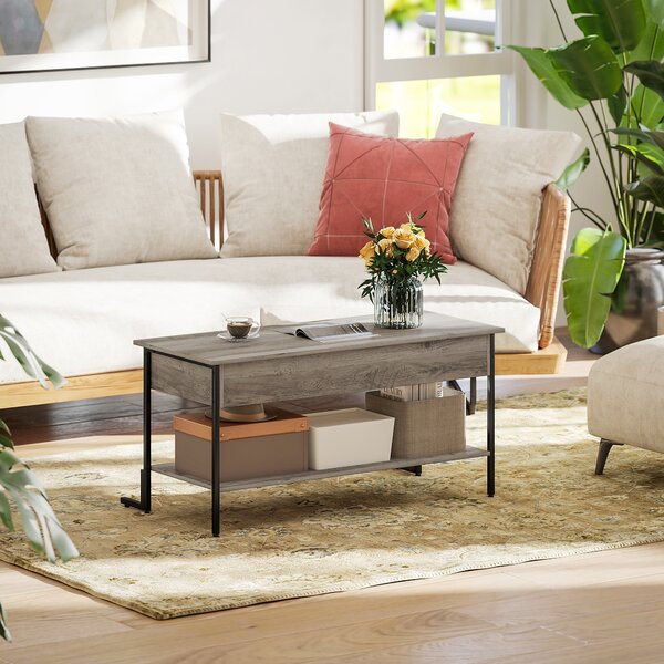 HOMCOM Tavolino con piano sollevabile, tavolino da salotto con vano nascosto e ripiano aperto, 95x40x59cm, grigio | Aosom Italy