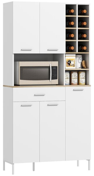 HOMCOM Armadio da cucina con ripiani aperti, scomparti, portabottiglie, armadio dispensa con 5 ante, MDF, Bianco | Aosom Italy