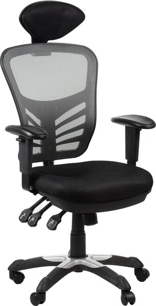 Sedia da ufficio ergonomica girevole HG-0001H, base in nylon, braccioli regolabili, poggiatesta, nero/grigio