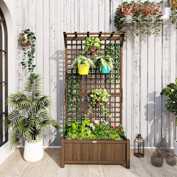 Outsunny Fioriera da Giardino con Traliccio per Piante Rampicanti in Legno di Abete, 90x45x183 cm, Marrone | Aosom Italy