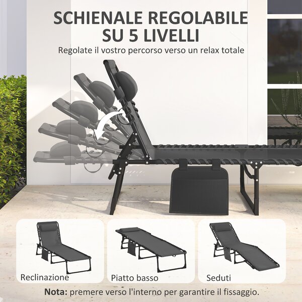 Outsunny Sdraio da Giardino Pieghevole con Schienale Reclinabile su 5 Posizioni e Cuscino, 185x58x30cm, Nero | Aosom Italy