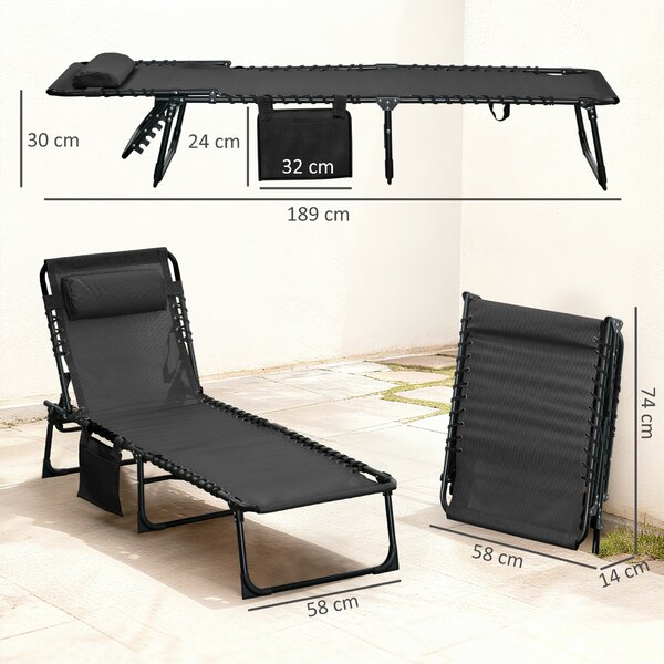 Outsunny Sdraio da Giardino Pieghevole con Schienale Reclinabile su 5 Posizioni e Cuscino, 185x58x30cm, Nero | Aosom Italy