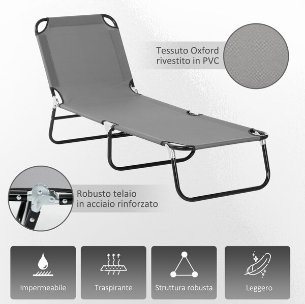 Outsunny Sdraio da Giardino Pieghevole con Schienale Regolabile, Acciaio e Tessuto Oxford, 188x56x28cm, Grigio | Aosom Italy