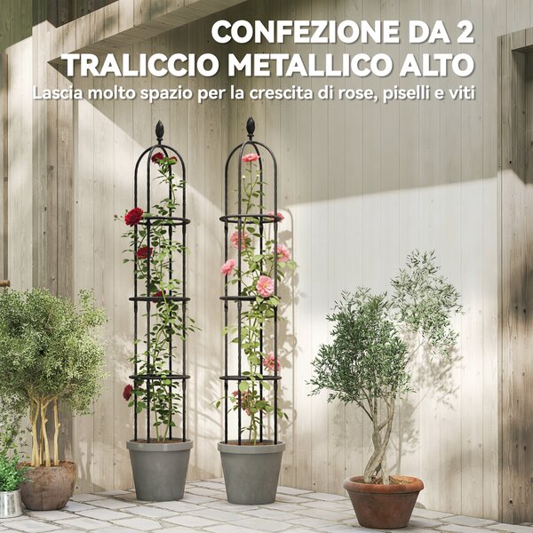 Outsunny Set 2 Supporti per Piante Rampicanti Alti 1.7 m in Acciaio Antiruggine con Decorazioni, Nero | Aosom Italy