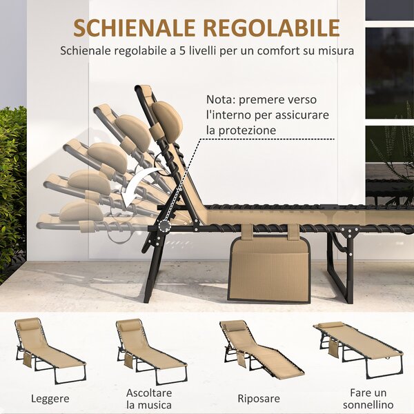 Outsunny Sdraio da Giardino Pieghevole con Schienale Reclinabile su 5 Posizioni e Cuscino, 185x58x30cm, Beige | Aosom Italy