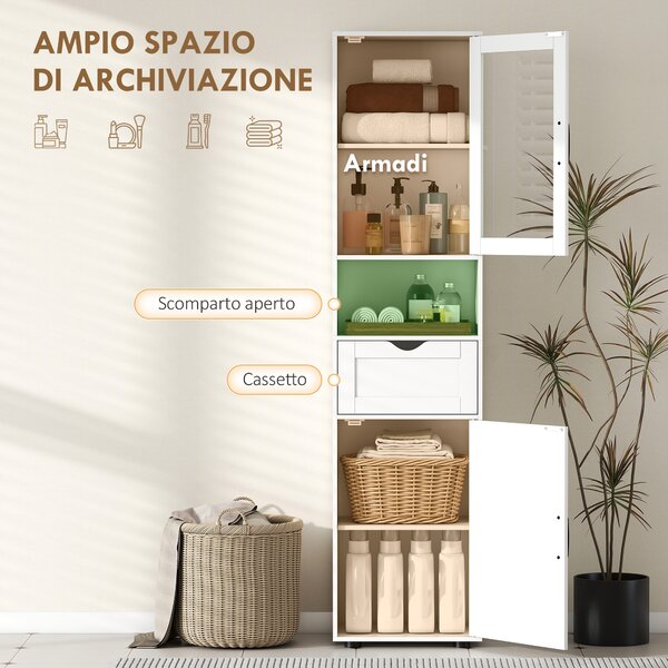HOMCOM Colonna Bagno in Legno con 2 Armadietti, Cassetto e Ripiano Aperto, 40x30x165 cm, Bianco | Aosom Italy