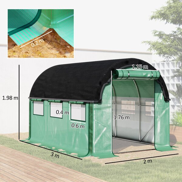 Outsunny Serra a Tunnel 3x2 m con Rete Ombreggiante Extra, Finestre e Ingresso a Zip, in PE e Acciaio, Verde | Aosom Italy