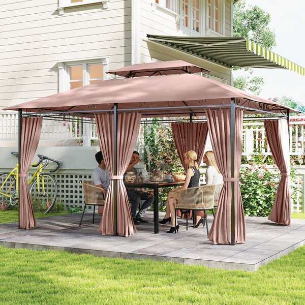 Outsunny Gazebo da Giardino 4x3 con Doppio Tetto e Struttura in Acciaio, Tende con Zip Impermeabili e Anti UV, Cachi | Aosom Italy
