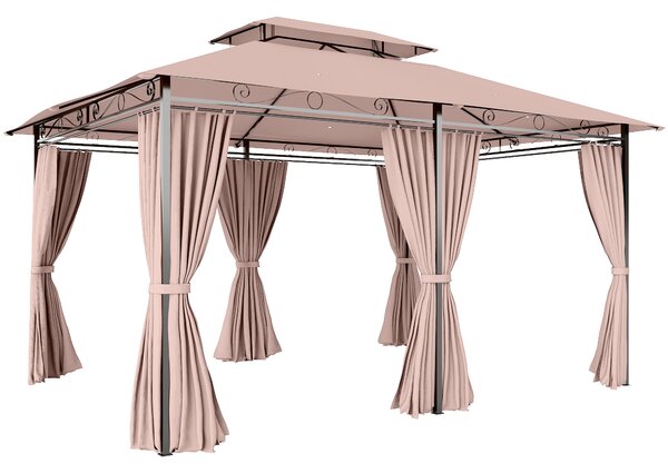 Outsunny Gazebo da Giardino 4x3 con Doppio Tetto e Struttura in Acciaio, Tende con Zip Impermeabili e Anti UV, Cachi | Aosom Italy