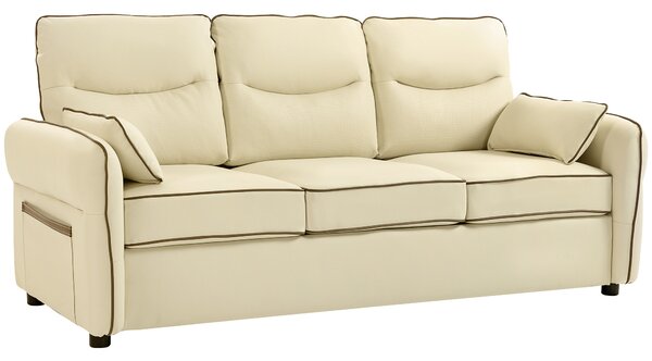 Divano 3 Posti 190x83x90 cm con Imbottitura Spessa Tasca Laterale e 2 Cuscini in Finta Pelle Beige