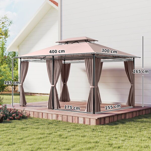 Outsunny Gazebo da Giardino 4x3 con Doppio Tetto e Struttura in Acciaio, Tende con Zip Impermeabili e Anti UV, Cachi | Aosom Italy