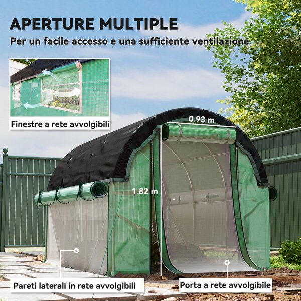 Outsunny Serra a Tunnel 3x2 m con Rete Ombreggiante Extra, Finestre e Ingresso a Zip, in PE e Acciaio, Verde | Aosom Italy